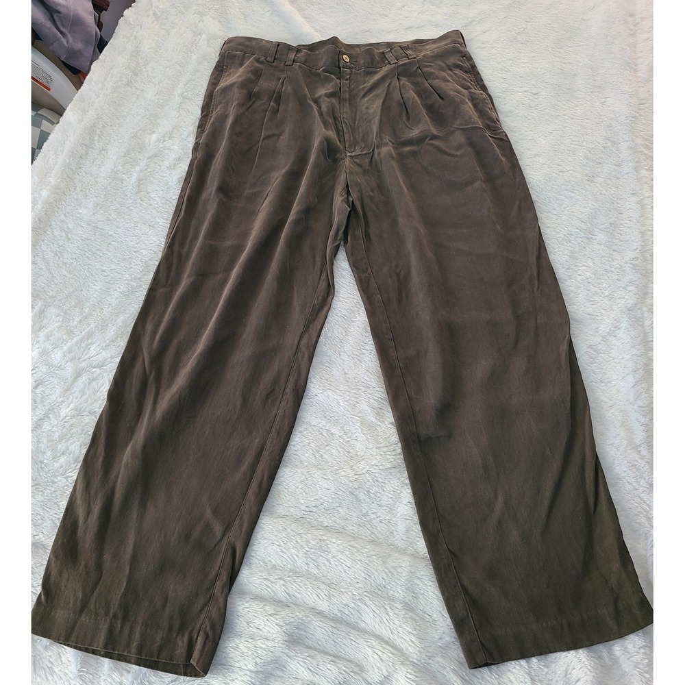 Caribbean Roundtree & Yorke Mens 40x32 100% Silk Pleated Herringbone Pants Brown